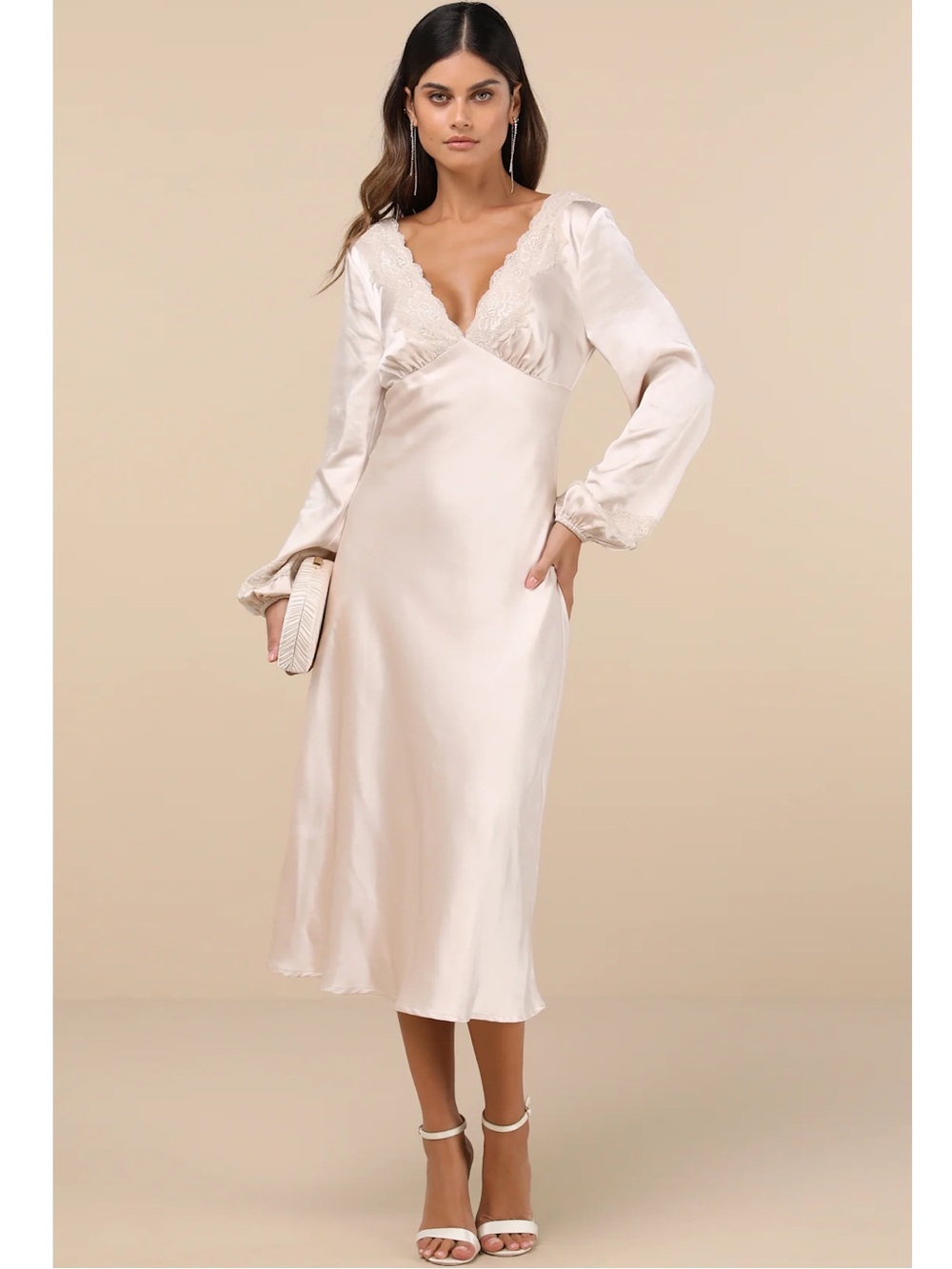 Lulus Illustrious Elegance Champagne Cream Satin Long Sleeve Midi Dress Event